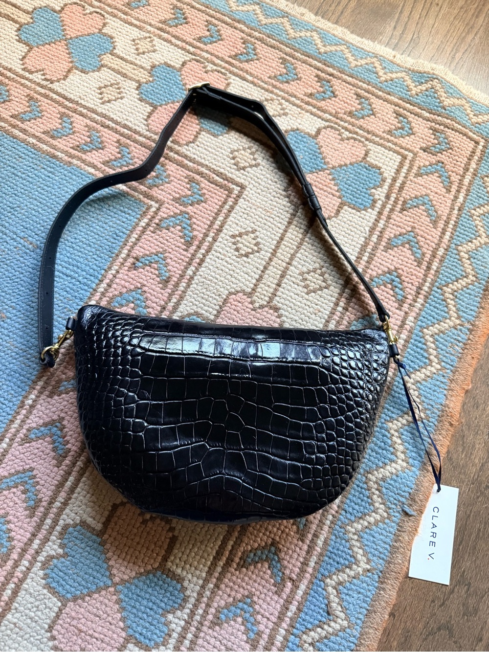 Hard to find Clare V Black Croc-Embossed Grande Fanny Bag with Gold Zipper - Picture 8 of 12